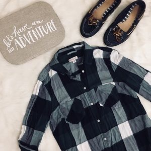 Merona Plaid Button Down Shirt Green Navy & White Soft Flannel Long Sleeve XS